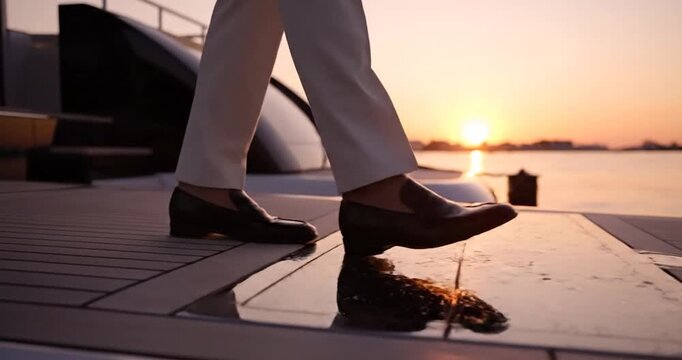 Elegant person walking on luxury yacht gangway at sunset.