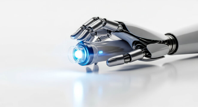 Robotic hand holding futuristic flashlight. Artificial intelligence and technology concept for medical innovation and healthcare research.