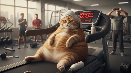 Plump orange tabby wearing hoodie lounges comfortably on stationary treadmill, surrounded by active gym-goers. Digital display shows zero movement
