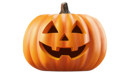 A vibrant orange carved pumpkin, known as a jack-o'-lantern, with a classic spooky face, isolated on a white background, ready for Halloween festivities.