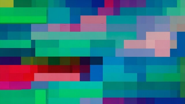 Bright pixelated pattern with rectangles in cyan, pink, green, and blue hues.