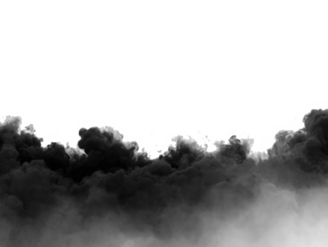 A dense, dark cloud of smoke or fog hovers ominously against a stark white background.