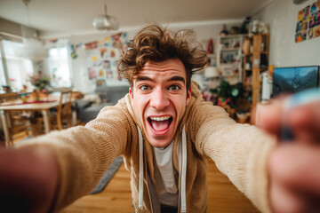 A young man with messy brown hair and round glasses holds a smartphone close to his face