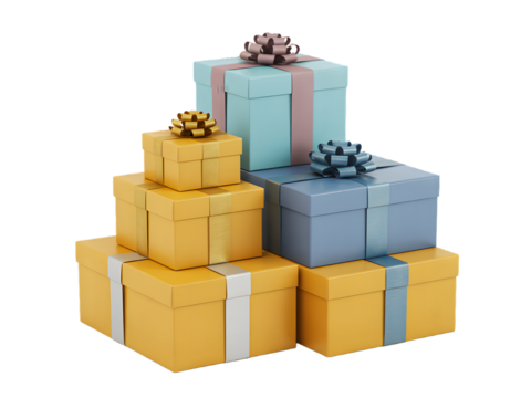 Stack of colorful gift boxes with ribbons and bows isolated on transparent background