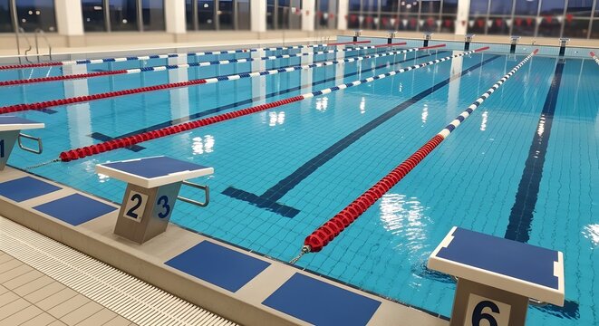 A swimming pool with lanes marked by red and white buoys and starting blocks at edge
