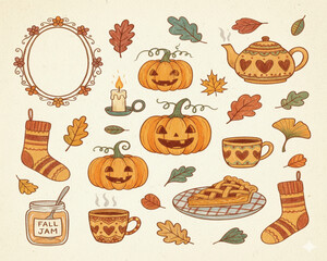 Autumn sticker set. Cozy fall icons. Scarf, candles, hot cocoa, socks, pie, pumpkin spice latte, mug, jam, leaves, mushrooms. Cute autumn holiday elements. Vector flat illustration

