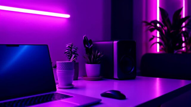 Modern home office workspace with a computer on a desk illuminated by futuristic purple neon light