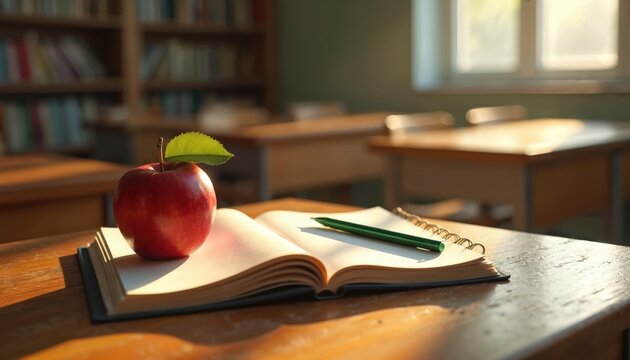 Empty classroom desk with open book and red apple. Sunlight streams through window illuminating wooden table with pencil. Background shows blurred bookshelves and empty seats.