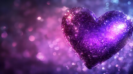 Glittering purple heart shape with cosmic galaxy effect on blurred bokeh background for romantic occasions and love concepts.