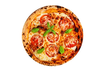 Pizza tomato margarita fast food natural product tasty snack fresh delicious gourmet food background on the table rustic top view copy space