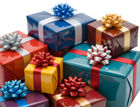 A vibrant collection of assorted gift boxes wrapped in colorful paper and tied with festive bows isolated on transparent background - Powered by Adobe