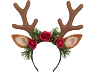 Festive reindeer antlers and ears headband adorned with red roses and green pine needles isolated on transparent background