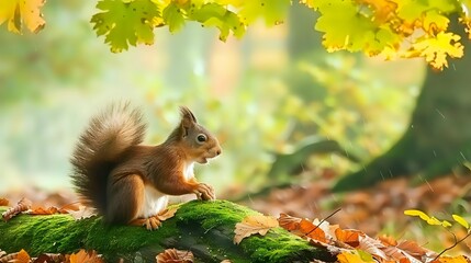Red squirrel sitting on mossy log in autumn forest with colorful oak leaves and soft golden sunlight filtering through foliage.