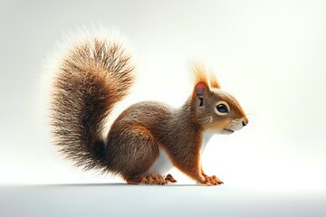 Obraz premium Red squirrel with fluffy tail on white background, side view of wild forest animal in studio lighting conditions, isolated wildlife photography.