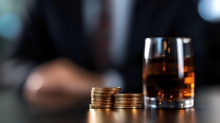 Stacked gold coins beside whiskey glass with blurred businessman in background, suggesting wealth, investment, and business success.