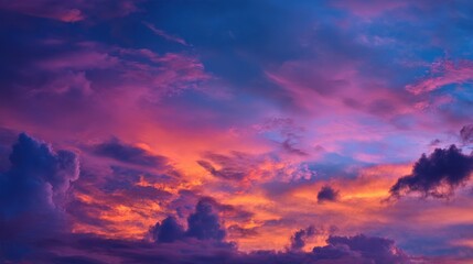 Commercial high-resolution photo of vibrant sunset sky with dramatic clouds in shades of purple and orange.
