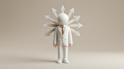 Surreal business figure with geometric star-shaped head in white suit standing against neutral beige background, representing creativity and innovation in corporate world.