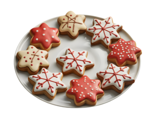 A circular arrangement of festive snowflake shaped christmas cookies decorated with icing and sprinkles isolated on transparent background