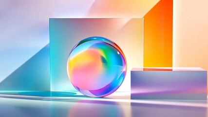 Iridescent neon sphere rolls on a reflective surface, interacting with colorful geometric shapes and light play - Powered by Adobe