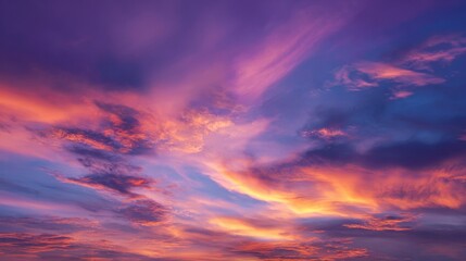 Obraz premium Commercial high-resolution photo of vibrant sunset sky with dramatic clouds painted in shades of purple and orange.
