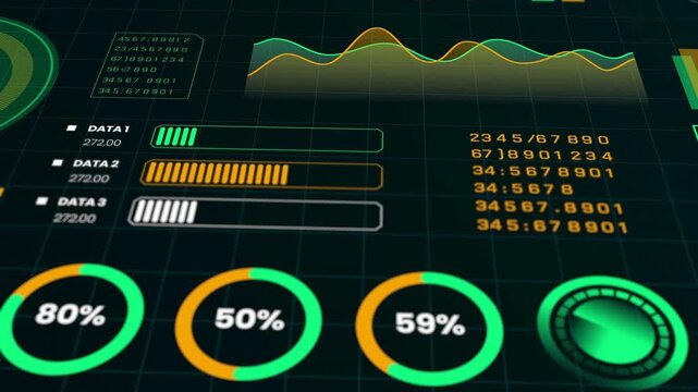 Futuristic digital interface 4K displaying data analysis with graphs, charts, and performance metrics. - Powered by Adobe