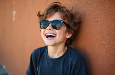 Young happy boy smiles, wearing stylish black sunglasses. Laughs with wide open mouth, showing teeth, leaning on brown wall. Child enjoys sunny day outdoors, carefree, playful, with bright fun