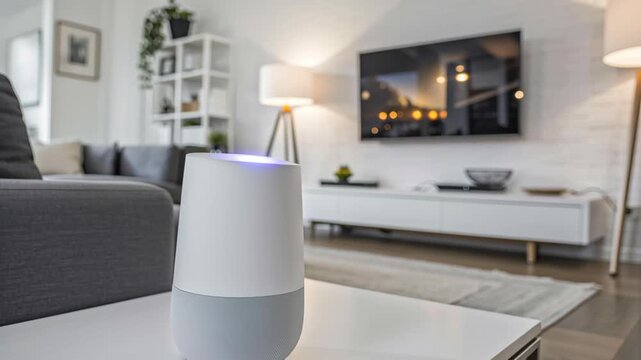 Voice assistant home automation. Cozy Modern Living Room with Smart Speaker on Table, Large TV, Stylish Decor, and Gray Sofa Creating Cozy Atmosphere