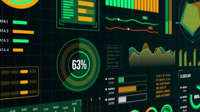 Futuristic digital interface with glowing charts, graphs, and data for business 4K analytics. - Powered by Adobe