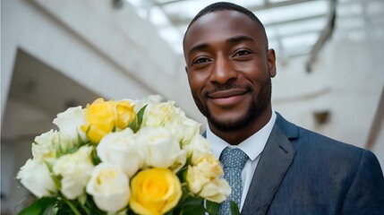 Smiling African American businessman in formal suit holding bouquet of white and yellow roses in modern office building.
