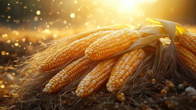Golden corn on the cob rests on a haystack in a field at sunset. A symbol of autumn harvest and abundance. Ideal for farming videos or Thanksgiving greetings.