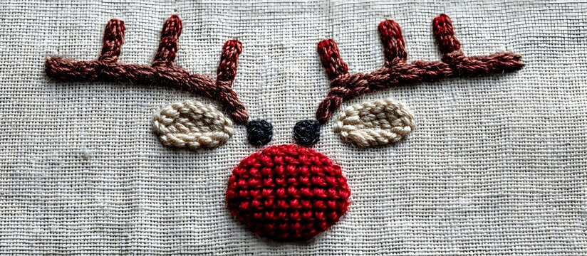 Handcrafted reindeer face embroidery with textured red nose and brown antlers on natural linen fabric, festive holiday needlework detail.