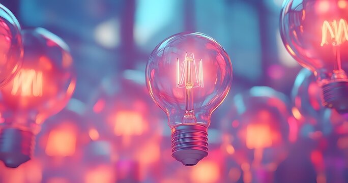 Vintage filament light bulbs with glowing elements against blurred colorful background, creating atmospheric mood for interior design.