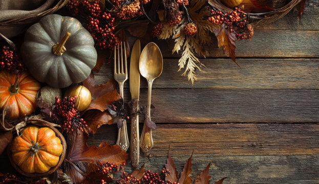 Rustic autumn table setting with pumpkins, leaves, berries, and antique silverware on a wooden background.