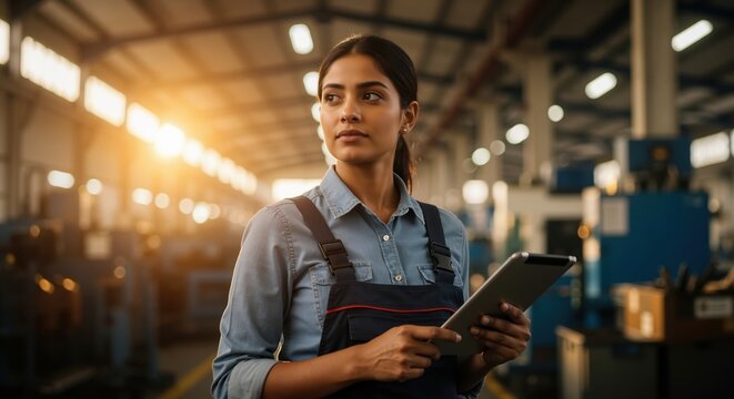 Confident female engineer holding a tablet in a large factory. Industrial worker supervising production in a manufacturing plant with warm sunlight