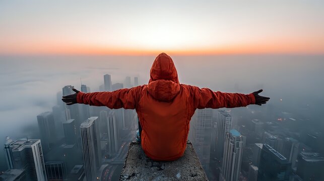Person in bright orange jacket with arms outstretched sitting on edge of skyscraper overlooking foggy cityscape during sunrise.