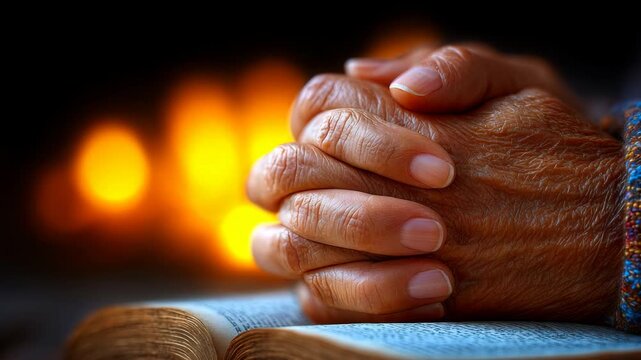 A cinematic close up of elderly hands in prayer on a bible by a warm fireplace. A serene moment of faith hope and devotion. Perfect for spiritual worship or inspirational videos.