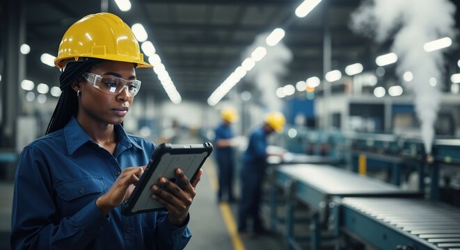 African American female engineer using a tablet in a factory. Industrial worker with a hard hat managing production on an assembly line. Smart manufacturing and Industry 4.0 concept
