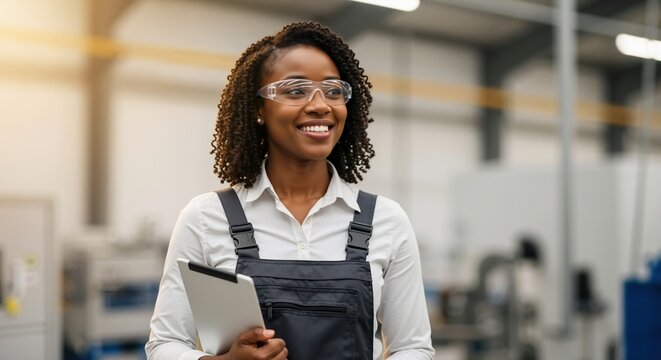 Confident African American female engineer smiling in a factory. Professional industrial worker holding a tablet and wearing safety glasses in a manufacturing plant