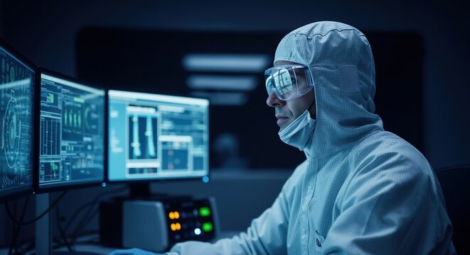 Male scientist in a protective cleanroom suit working in a futuristic laboratory. Engineer analyzing data on multiple computer screens for research and development