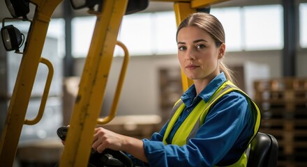 Confident female worker operating a forklift in a warehouse. Young woman in a safety vest driving an industrial lift truck. Logistics and supply chain industry professional at work