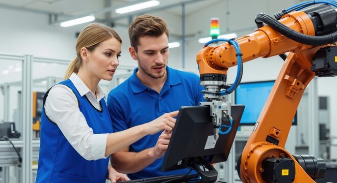 Two engineers collaborating on programming an industrial robotic arm. Male and female technicians working with automation technology in a smart factory