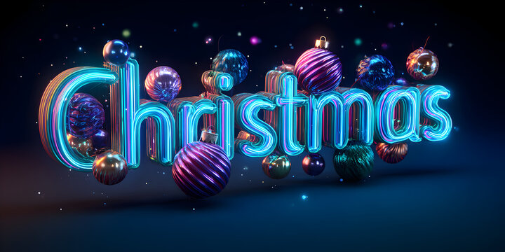 Vibrant neon blue christmas text surrounded by shimmering, striped baubles and sparkling lights on a dark, festive background