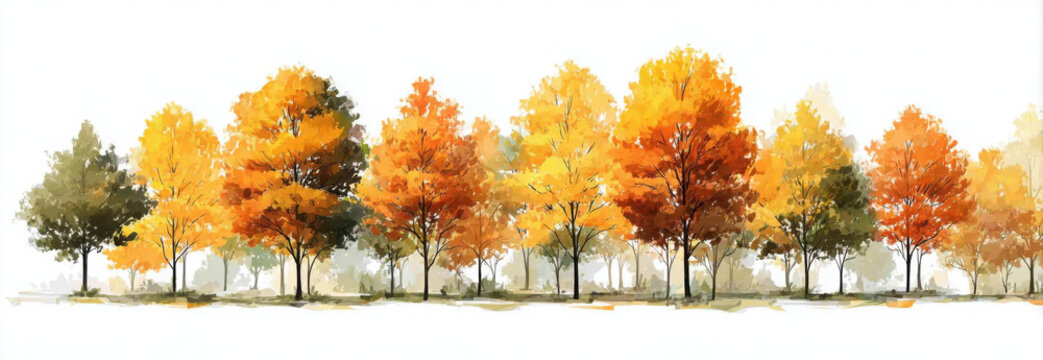 A watercolor illustration of a line of deciduous trees with vibrant autumn foliage in shades of yellow, orange, and red on a white background.