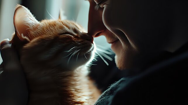 Tender moment between young woman and ginger cat touching noses in soft window light, showcasing pet companionship and emotional bond. - Powered by Adobe