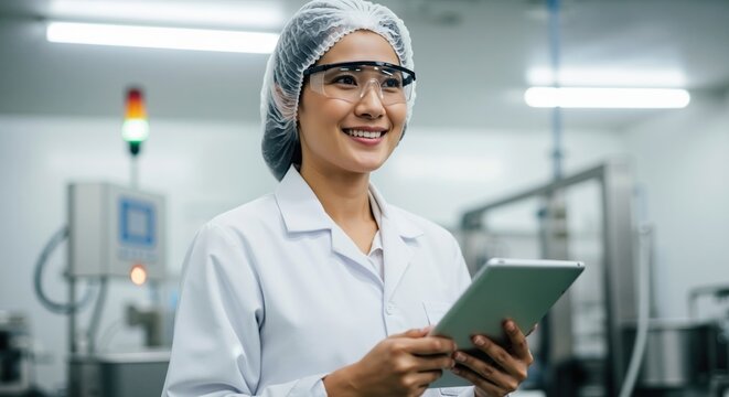 Smiling Asian woman in a lab coat and safety glasses holding a tablet in a factory. Professional quality control inspector working in a modern industrial facility - Powered by Adobe