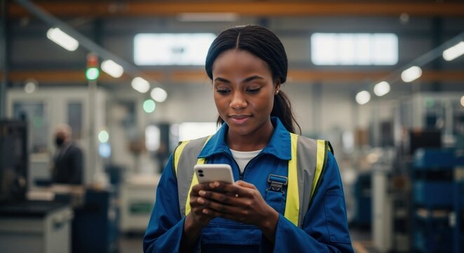 Young African American female engineer using a smartphone in a modern factory. Industrial worker in uniform communicating on her mobile device in a manufacturing plant