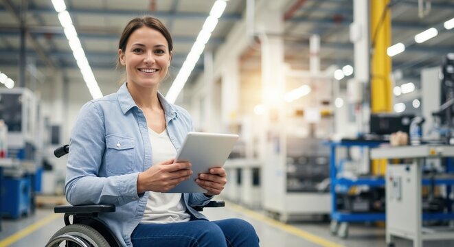 Smiling professional woman in a wheelchair holding a tablet in a modern factory. Inclusive workplace with a disabled employee representing diversity and accessibility in manufacturing - Powered by Adobe