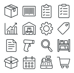 Warehouse and inventory management icons for logistical operations