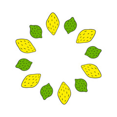 Cute round frame with doodle lemons and limes isolated on white background. Natural summer illustration. Circle composition with citrus fruits.