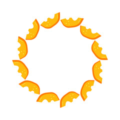 Round wreath with cute flat gnawed pumpkin slices isolated on white background. Seasonal autumn circle frame.